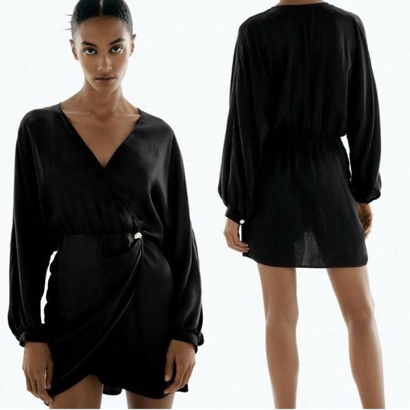 Zara Dresses & Skirts - ZARA Satin effect wrap dress long sleeves Size Large